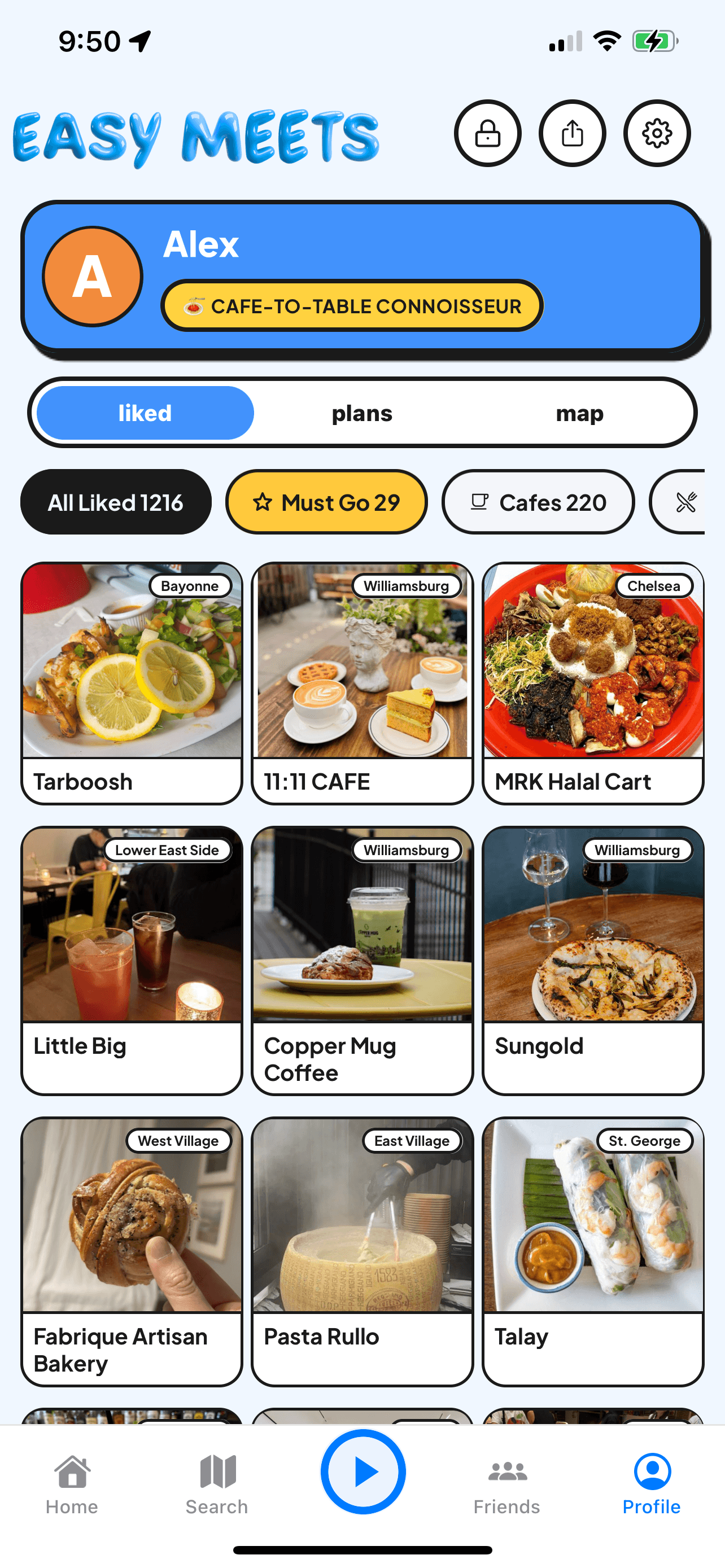 Easy Meets profile with saved places