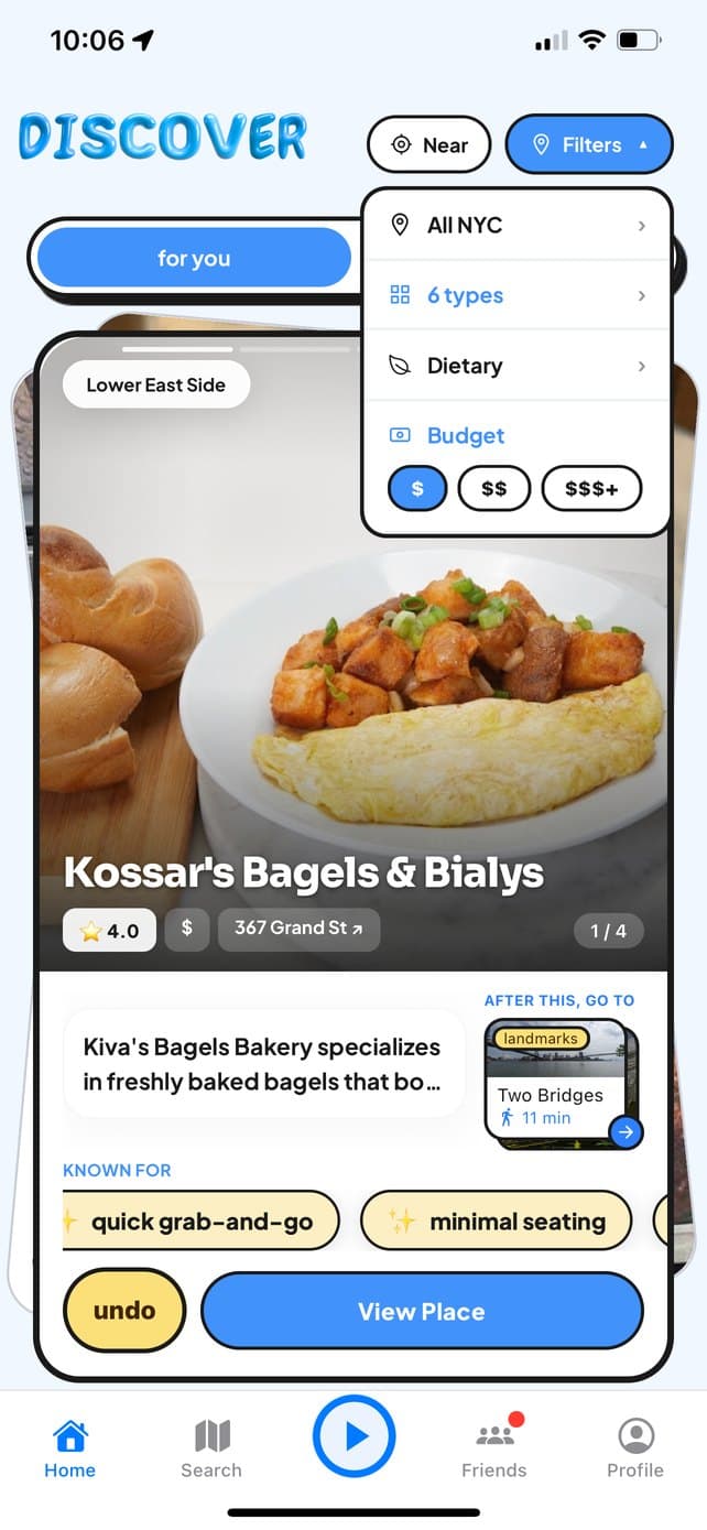 Easy Meets Discover screen with filters and a place card