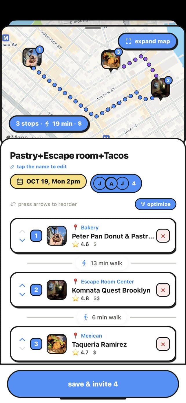 Easy Meets plan with three stops on a map